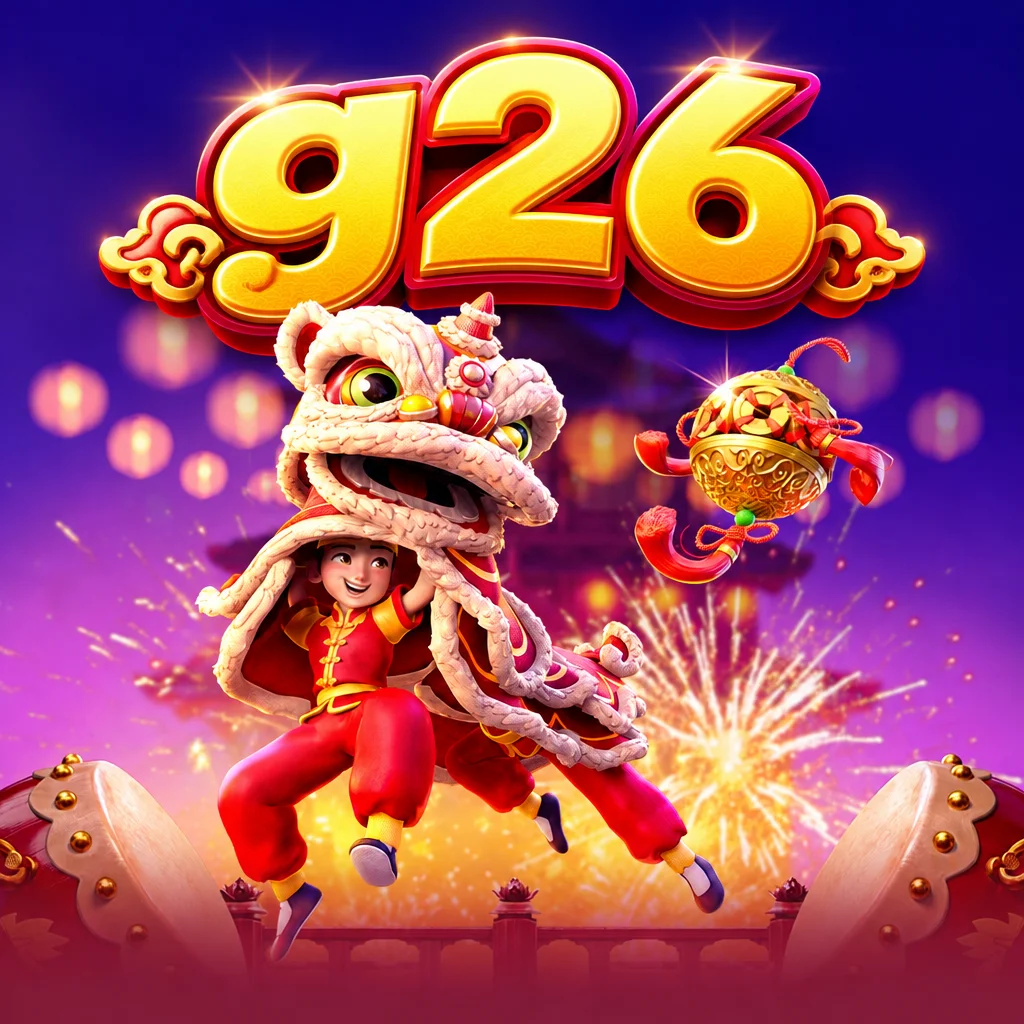 g26 Prosperity Lion menampilkan tarian barongsai dengan latar kembang api dan lampion